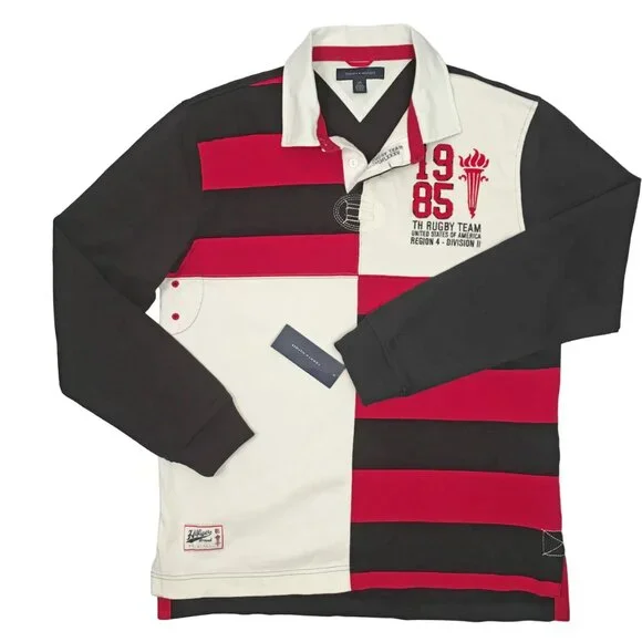 NEW Vintage Tommy Hilfiger Rugby Shirt!Red Black & CremeColorblockStripes